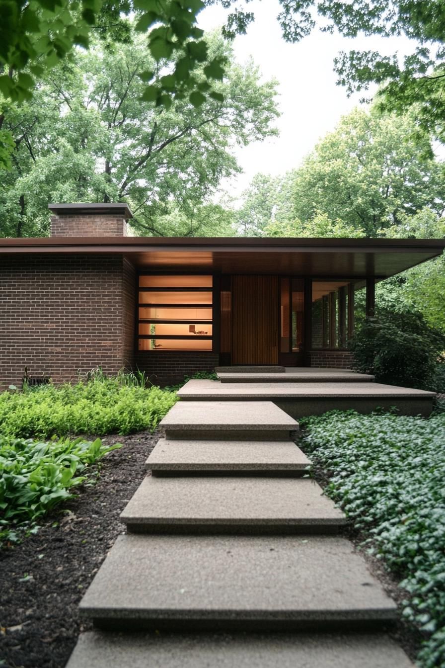 Low-profile brick house with large windows surrounded by greenery