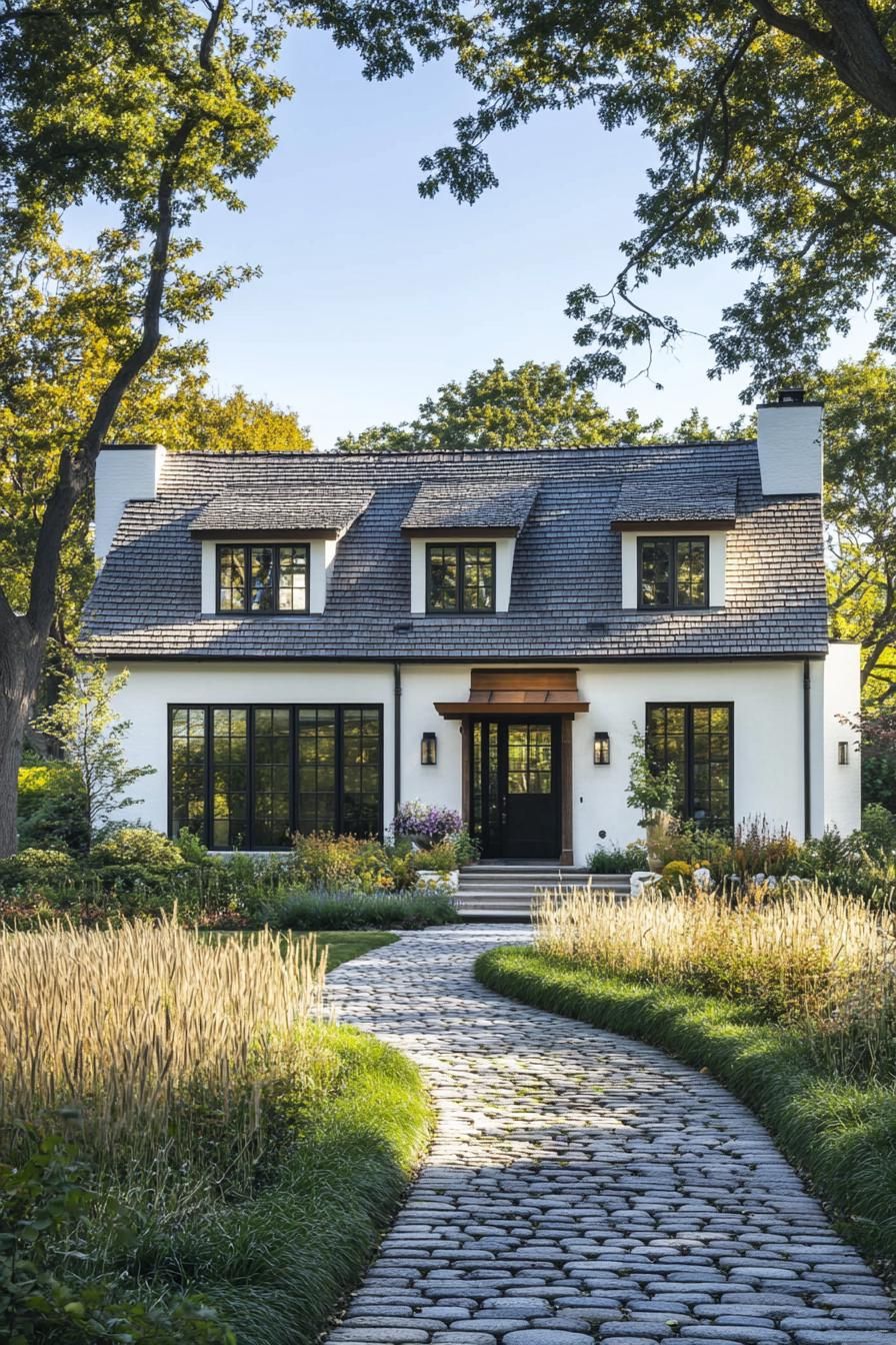 White house with dark roof surrounded by greenery and a stone path