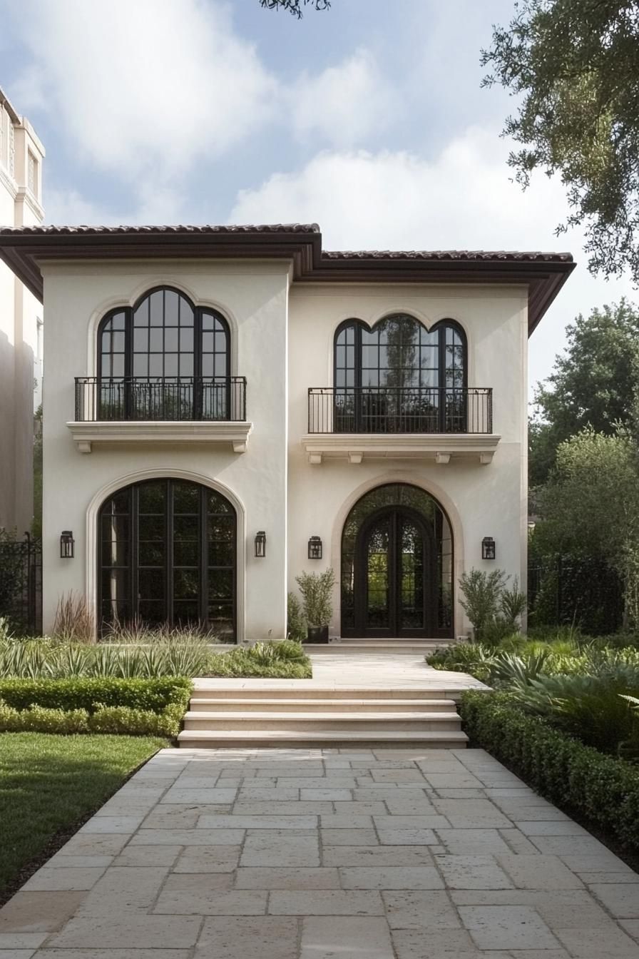 Elegant Mediterranean villa with classic arches and lush greenery