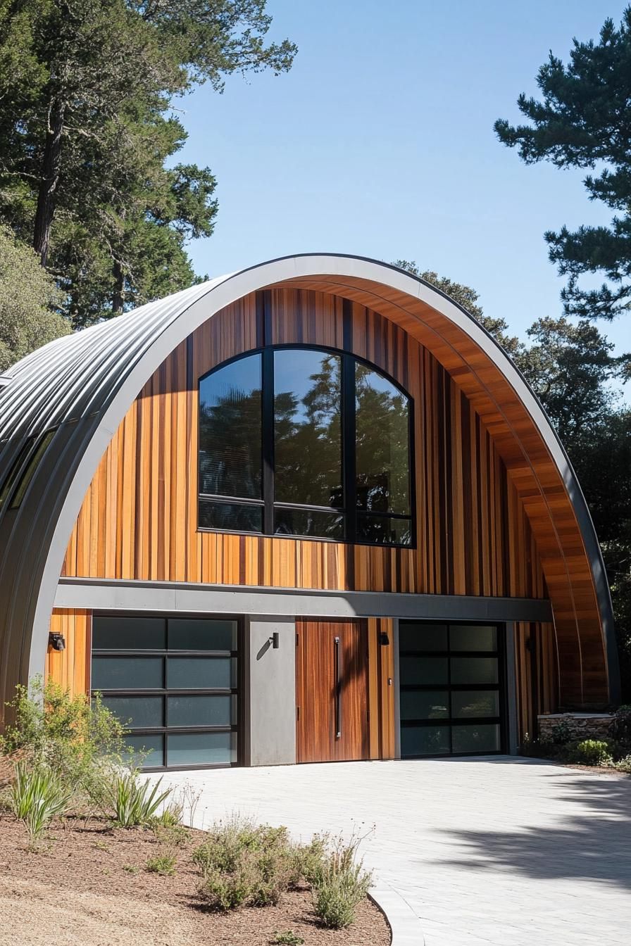 Front view of a Quonset hut-style home with wood paneling