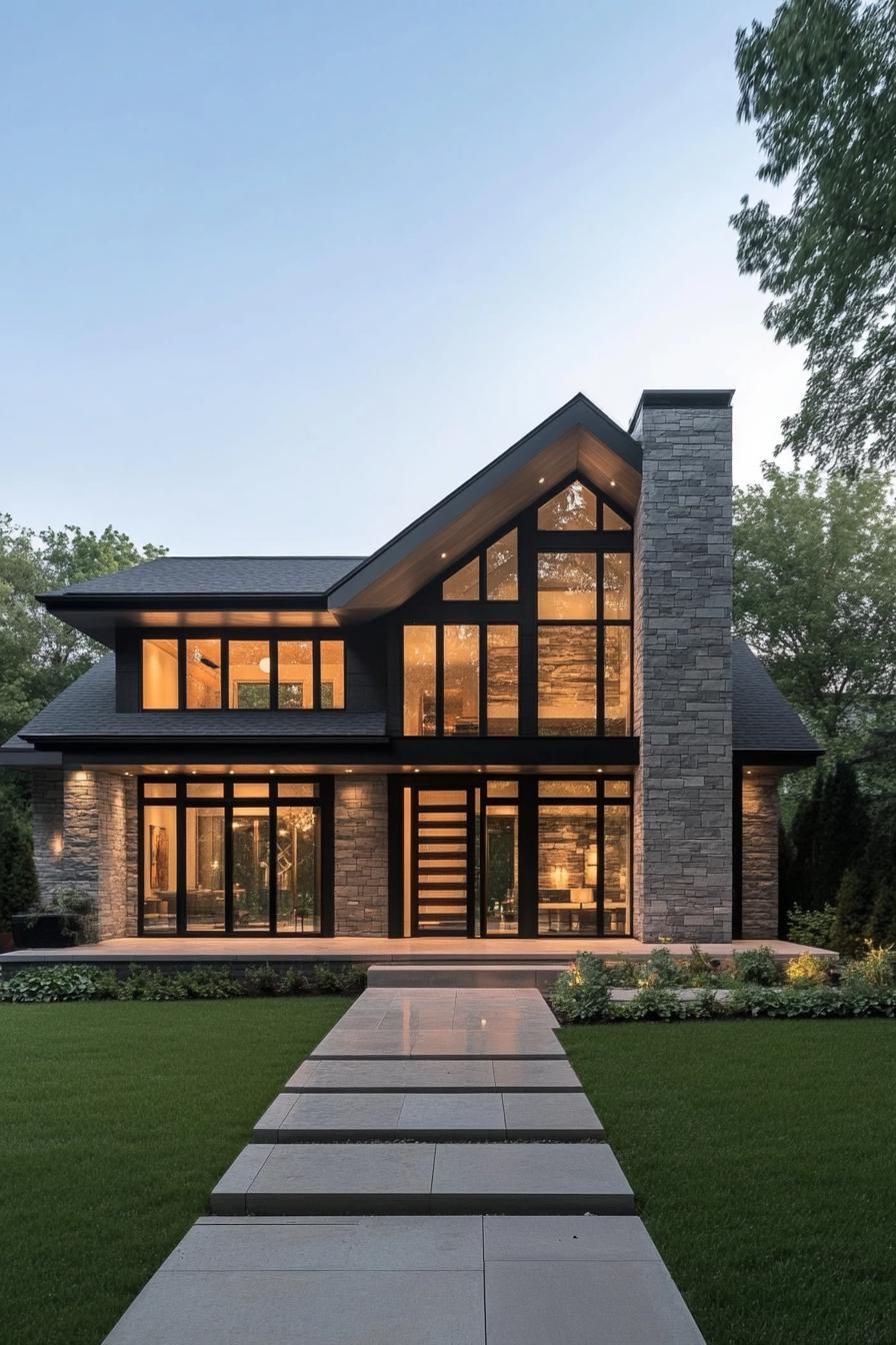 Modern house with large windows and stone elements glowing warmly