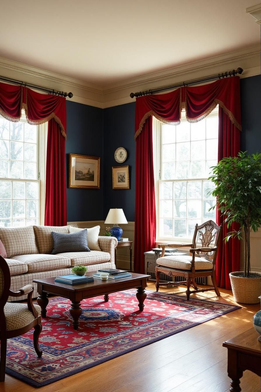 Colonial living room with red curtains and classic furniture