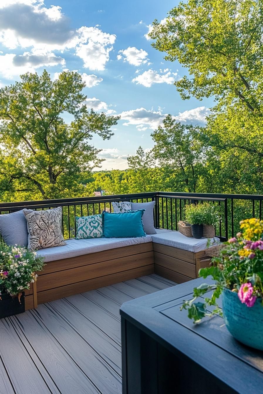 rooftop terrace with wooden deck buit in benches with pillows buildint planters with flowers and small trees farmhouse style furniture 2