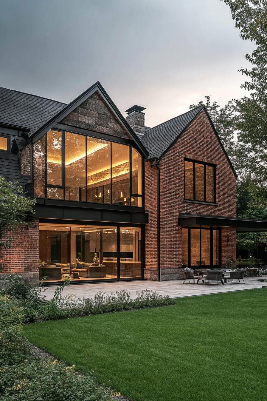 Modern suburban house with tall windows and a lush lawn