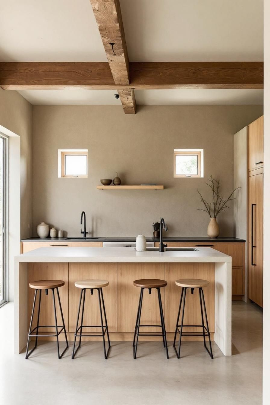 Minimalist kitchen with natural tones and wooden beams