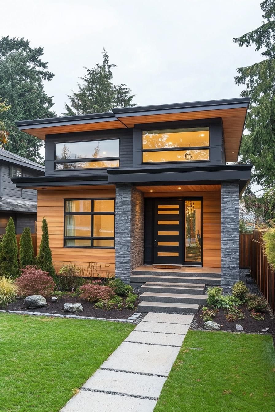 Modern minimalist two-story house with stone and wood facade