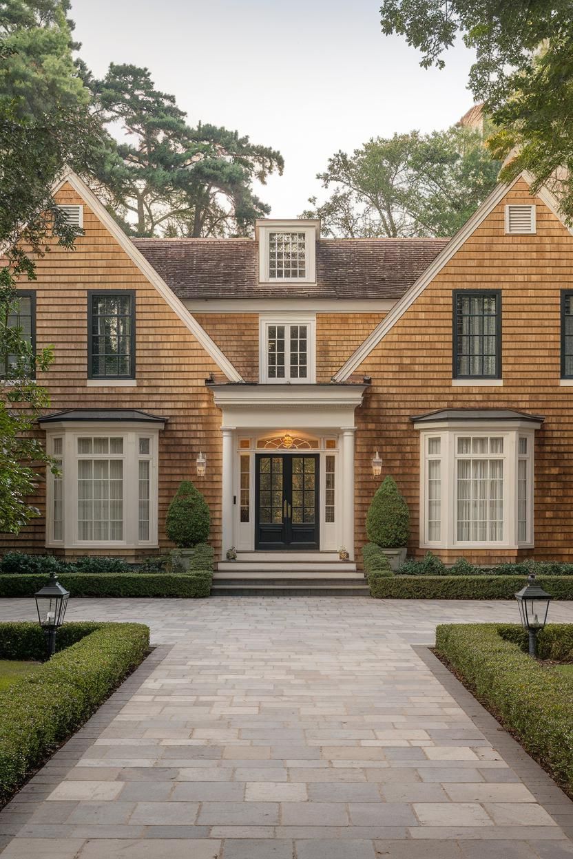 Classic shingle-style suburban home with elegant landscaping