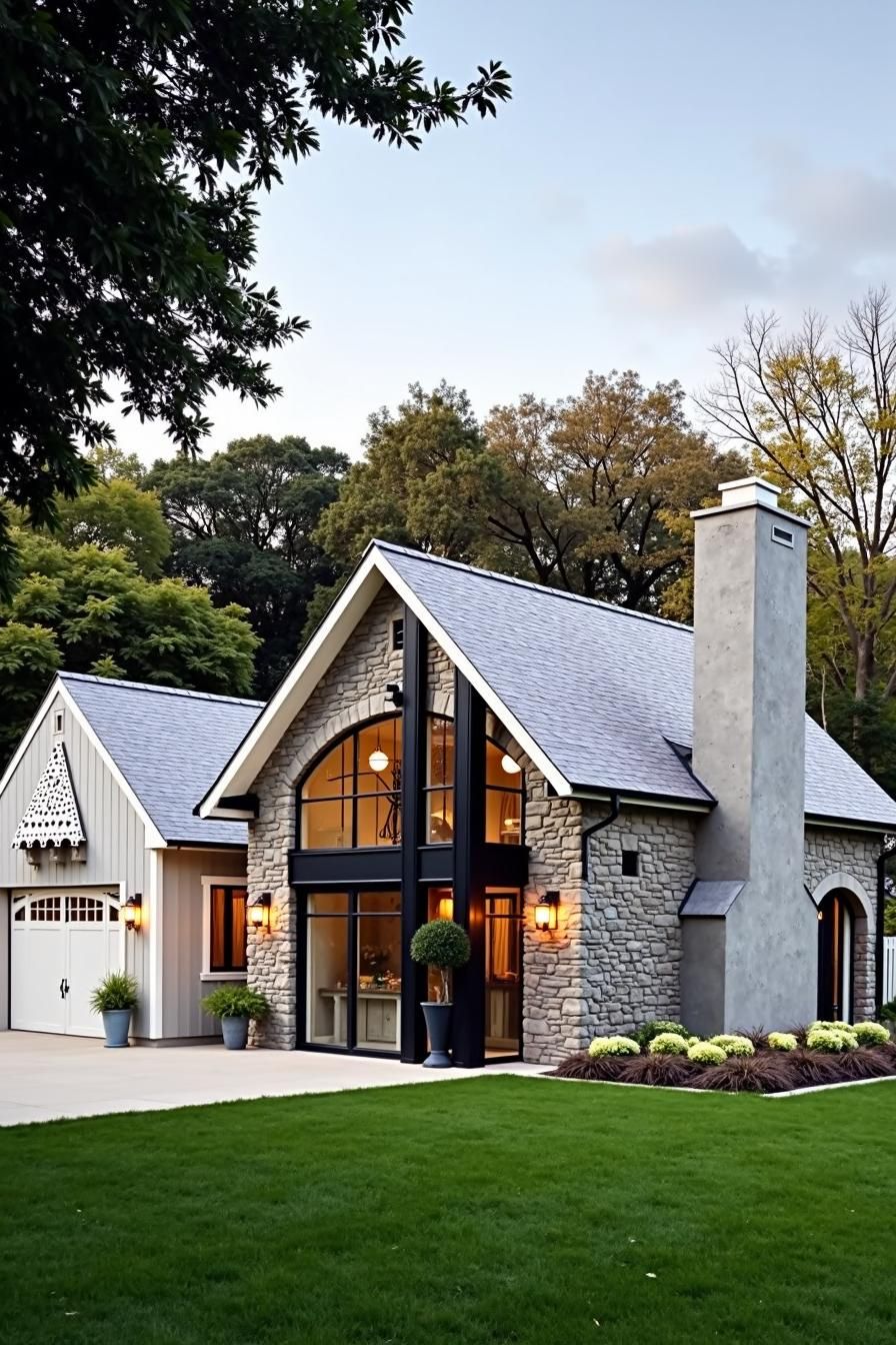 Stone house with modern glass windows and green lawn