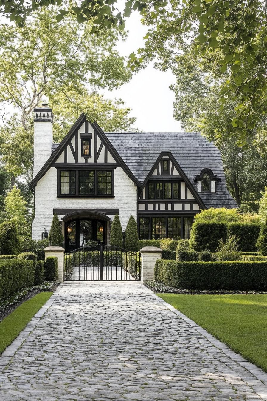 Modern Tudor house with lush garden and cobblestone path