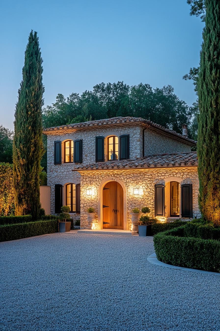 Charming stone house with shutters and lit entrance