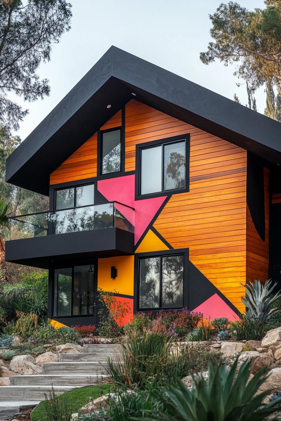 Wooden facade with bold geometric shapes and vibrant colors