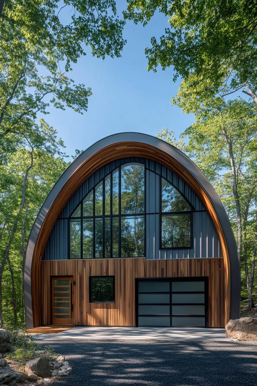 Quonset hut with wooden and glass facade in forest