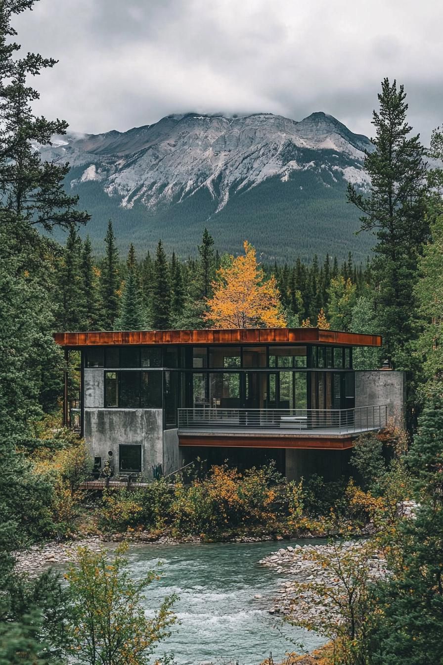 Modern flat roof house in a forested mountain area with a stream in front