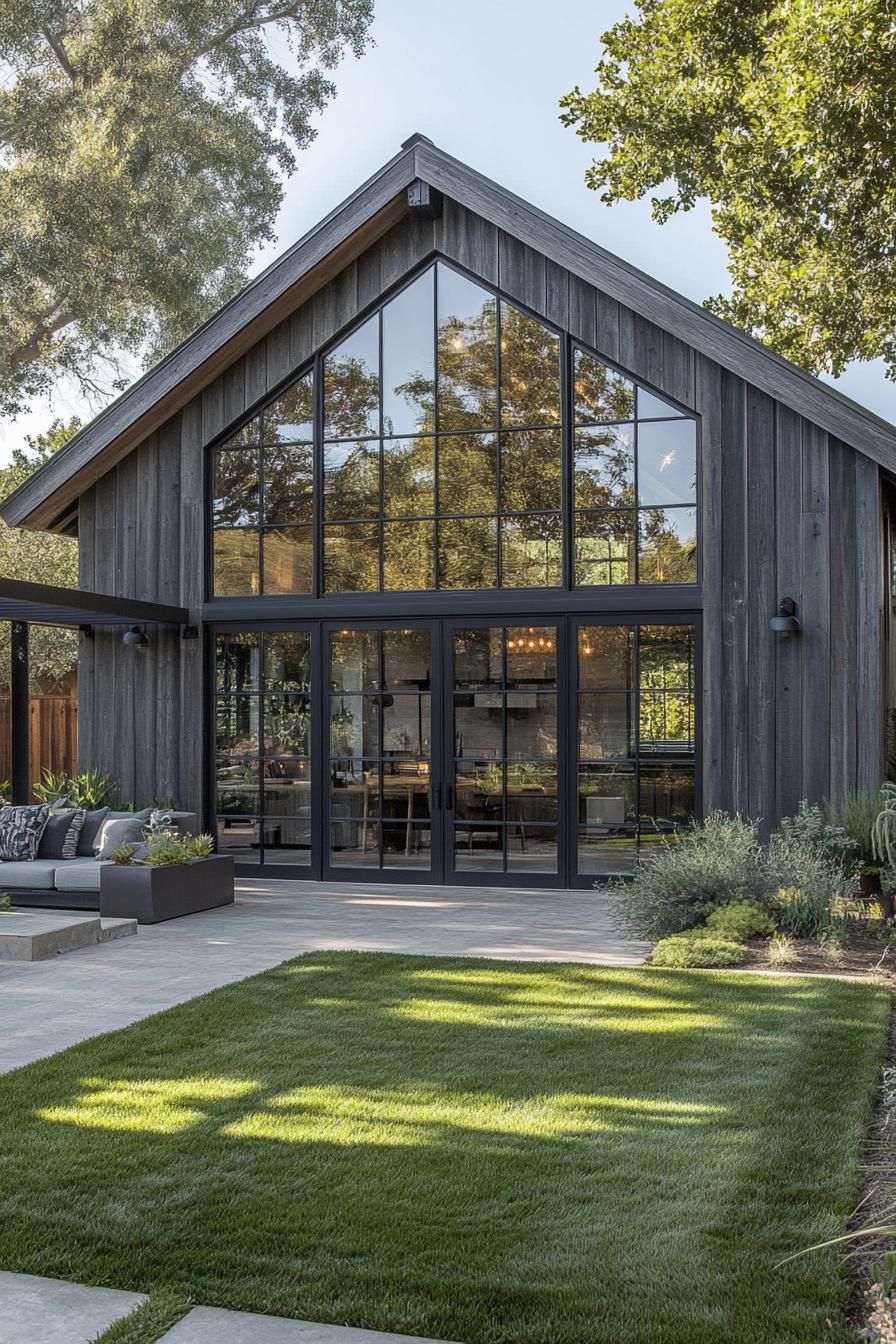 Modern barn house with large glass windows and a cozy lawn