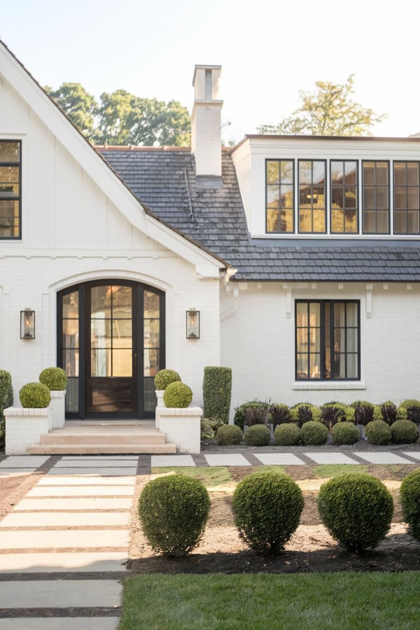 White brick cottage with a welcoming entry path