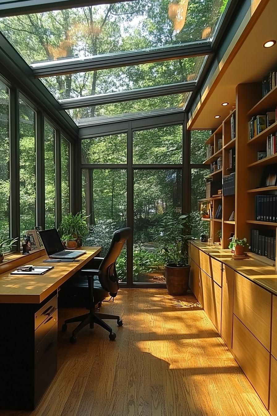 Glass-walled office nook with leafy views