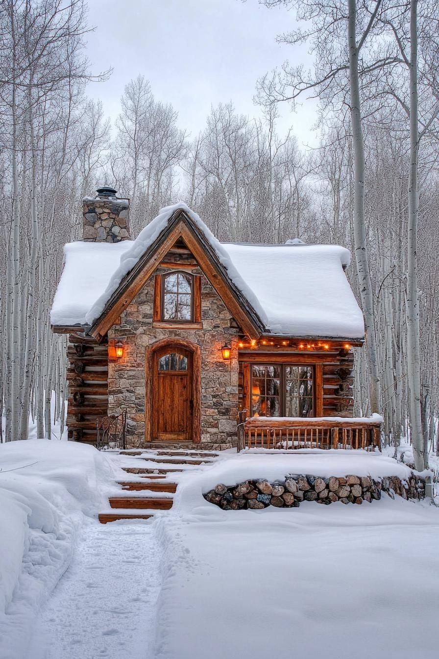 Charming stone and wood cabin with glowing lights surrounded by snow-covered trees