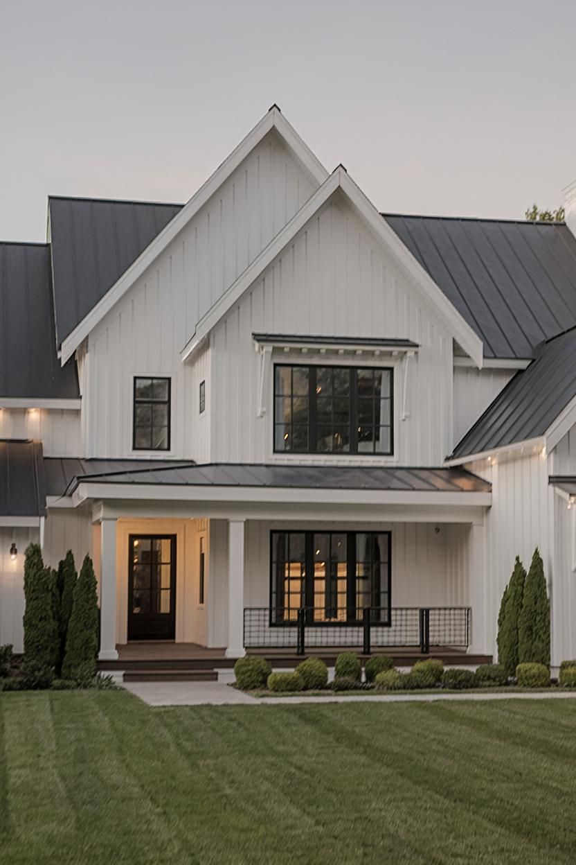 White house with black roof and large windows