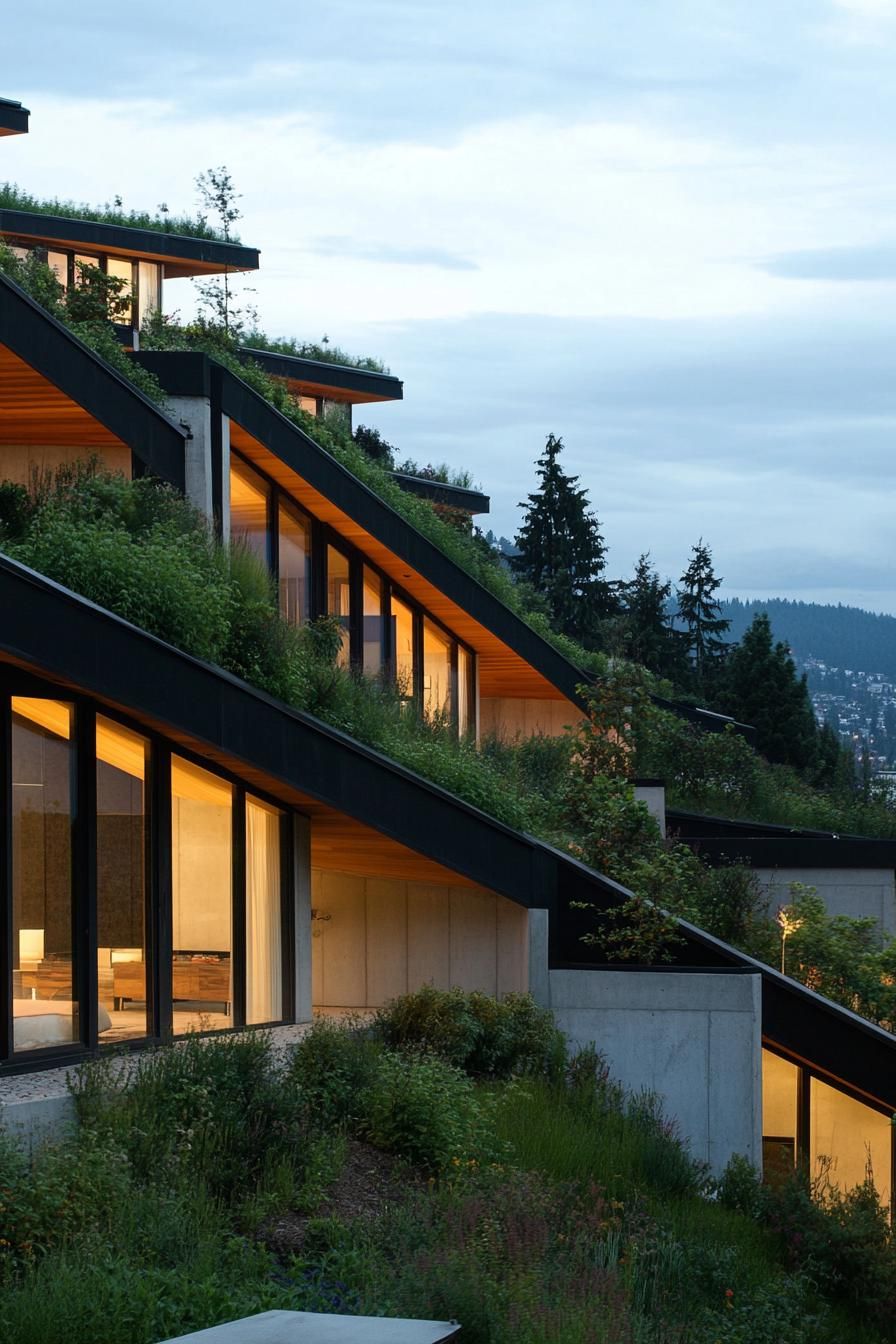 hillside slope architecture terraced house with single slanted roof covering split level facade