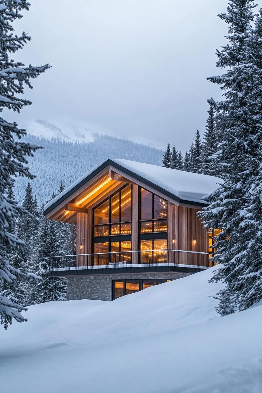 Idyllic snowy cabin with warm lights shining through glass panels