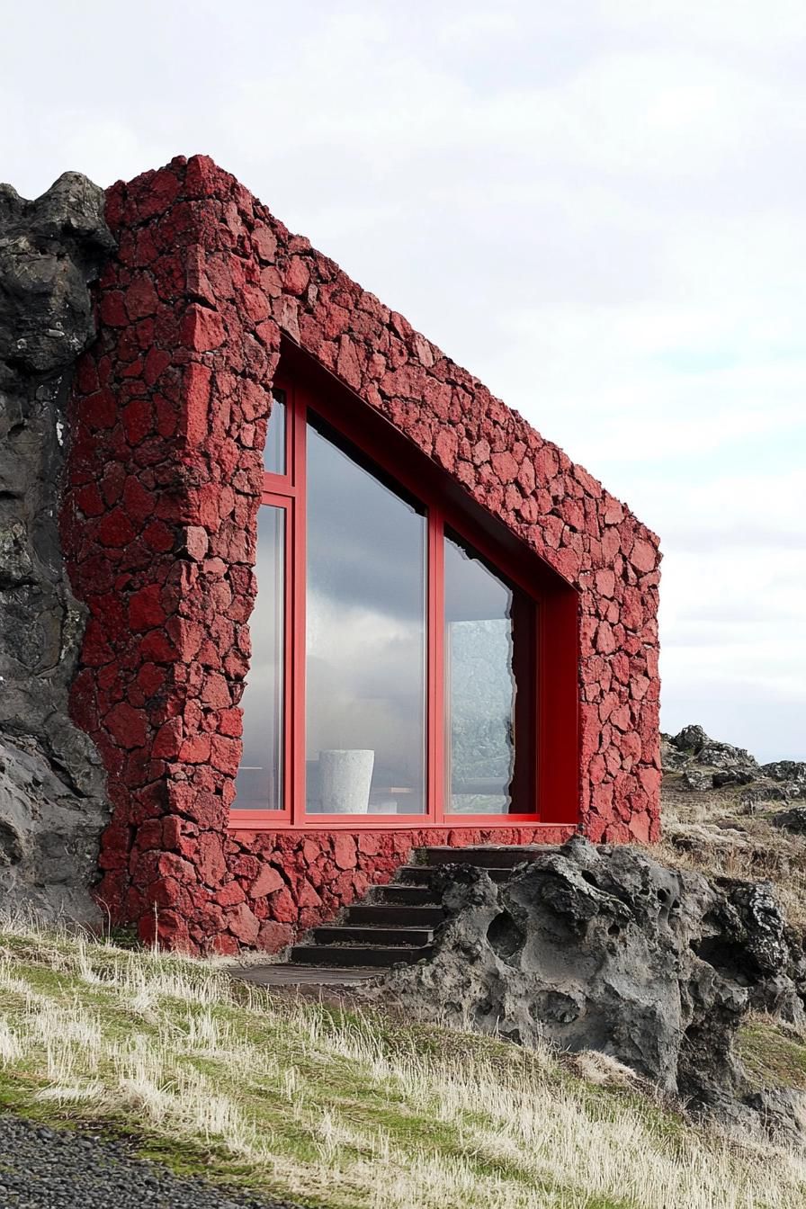 House with red stone exterior and large window