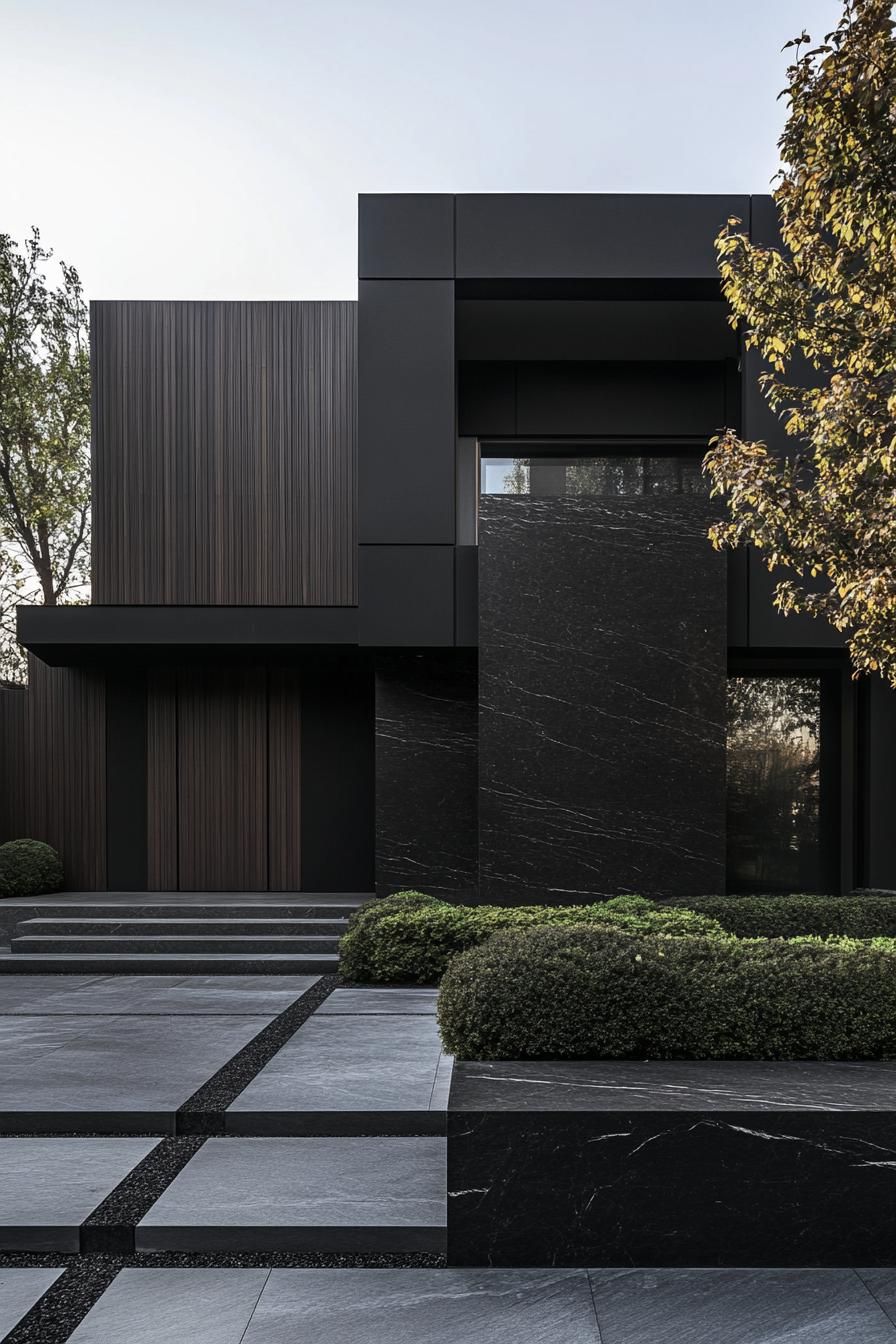 modern black villa with dark wood accent panels large front granite slab feature wall large front paved yard with geometric shrubs