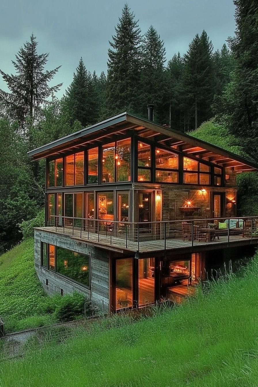 earth sheltered house built into a green hillside bank with large wooden deck large modern windows reclaimed wood siding tall pine trees in the 2