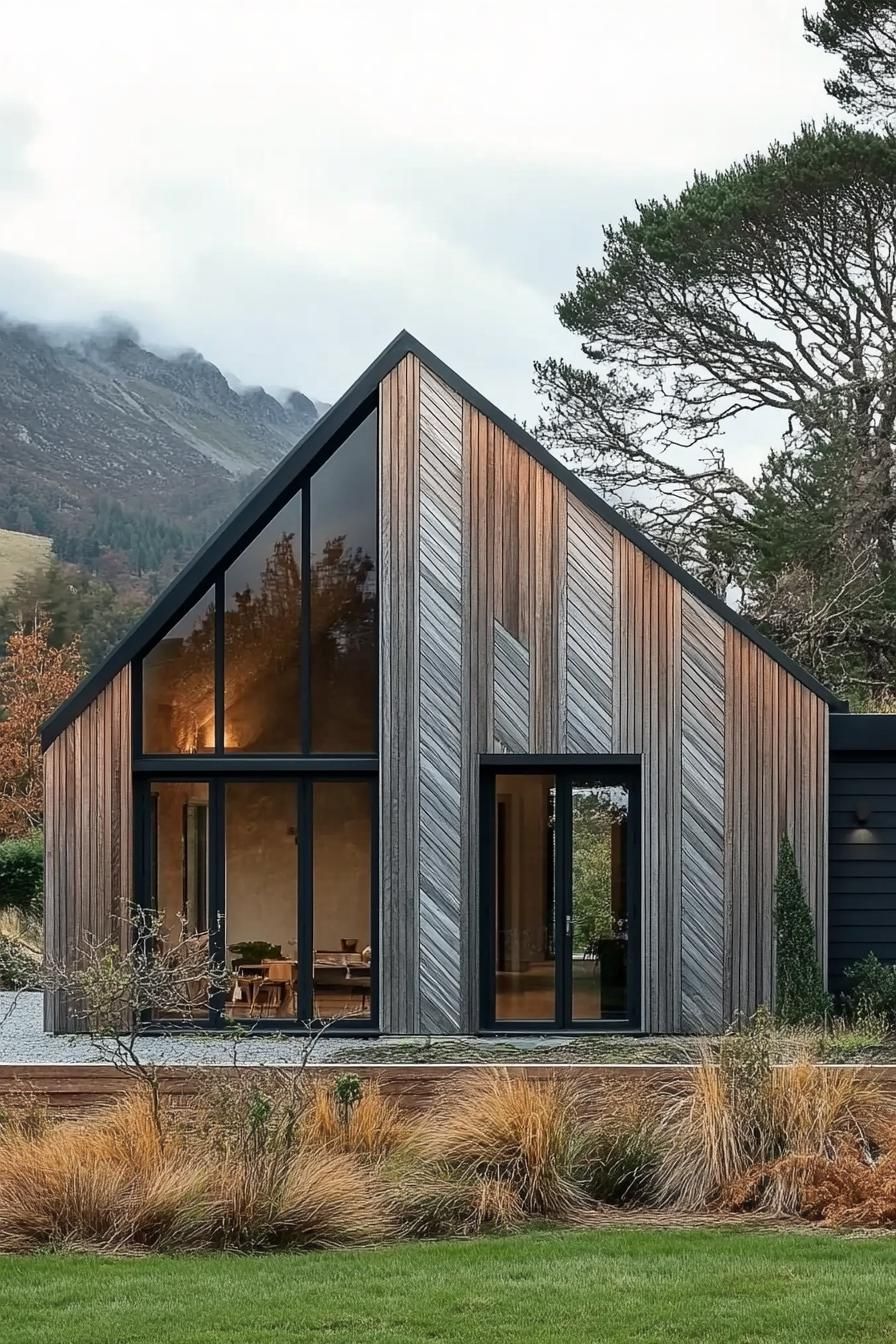 Chic wooden house with large windows and a sloped roof