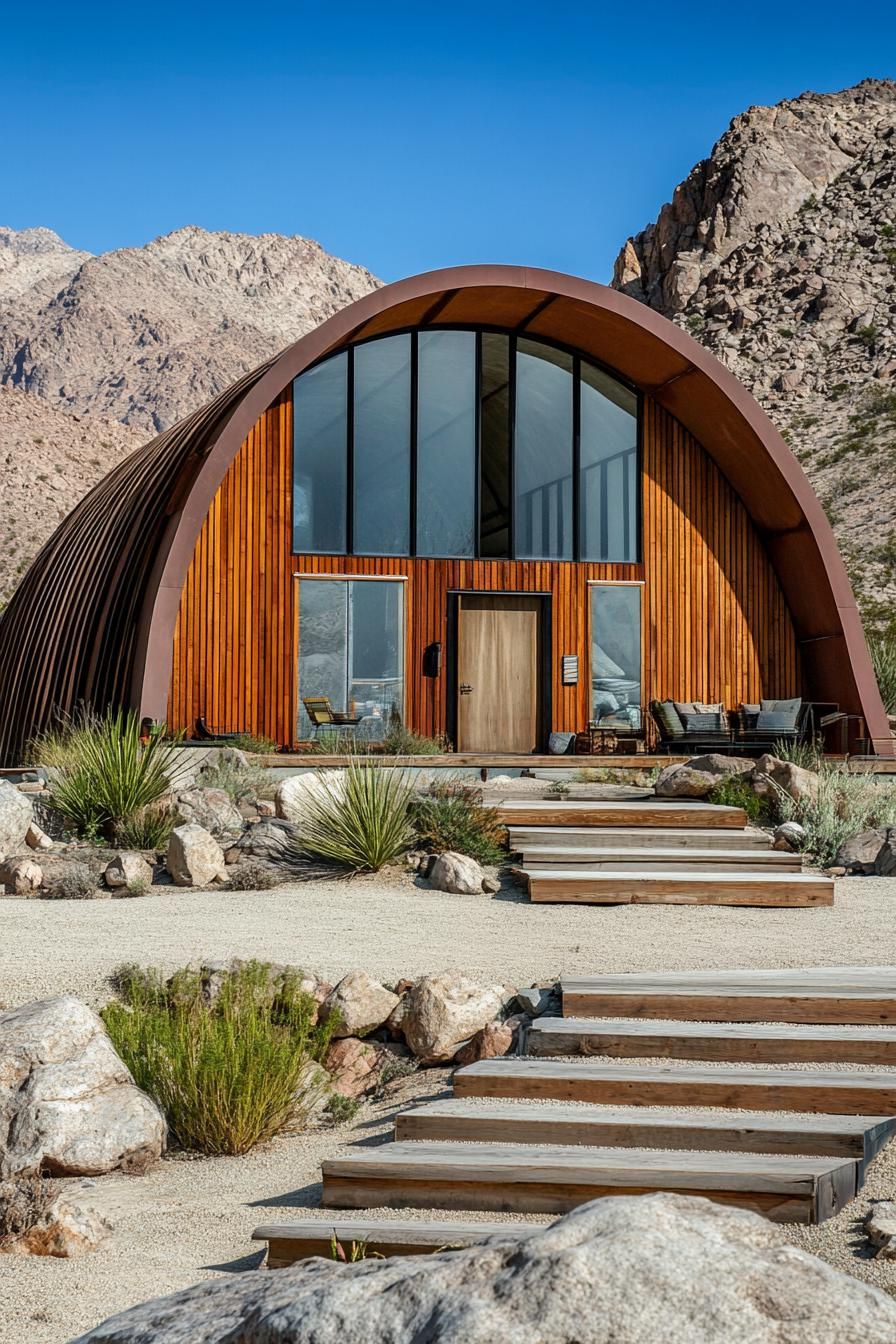 Quonset hut with large windows in a desert landscape