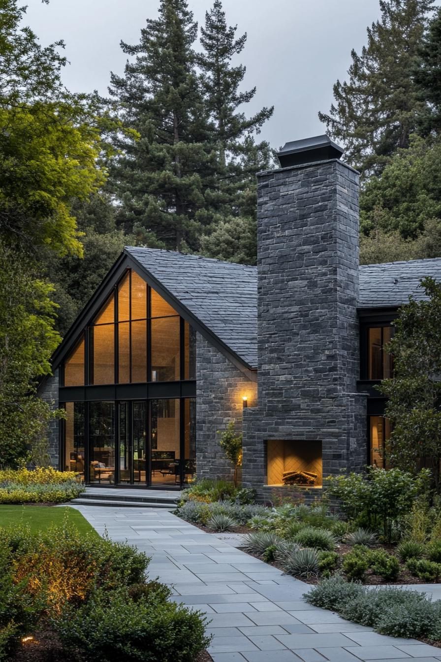 Cozy stone house with large windows and tall chimney