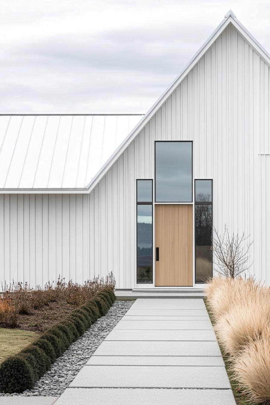 Modern long house with large wooden door and white gabled roof