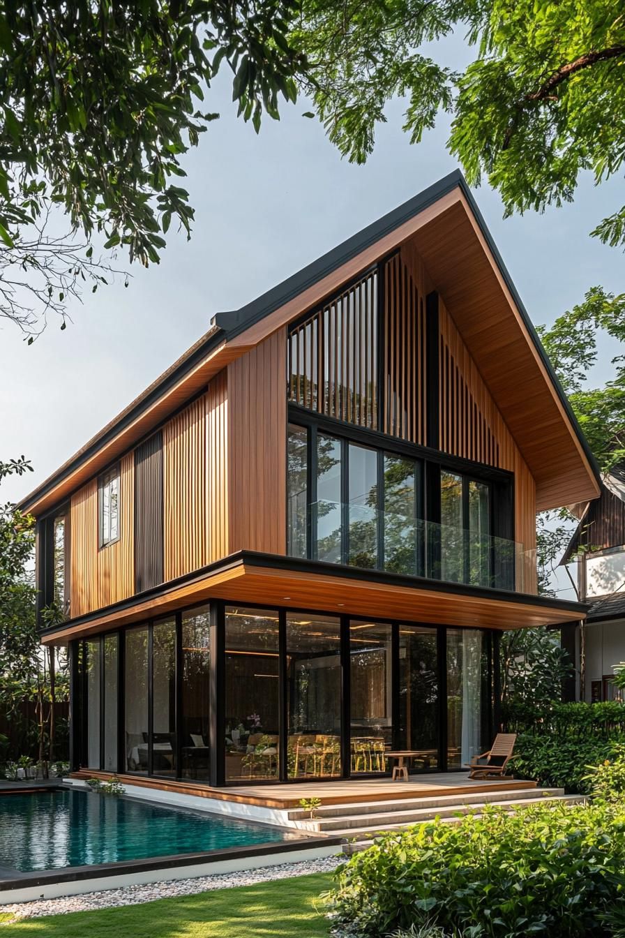 Modern Thai house with wooden slats and glass by a pool