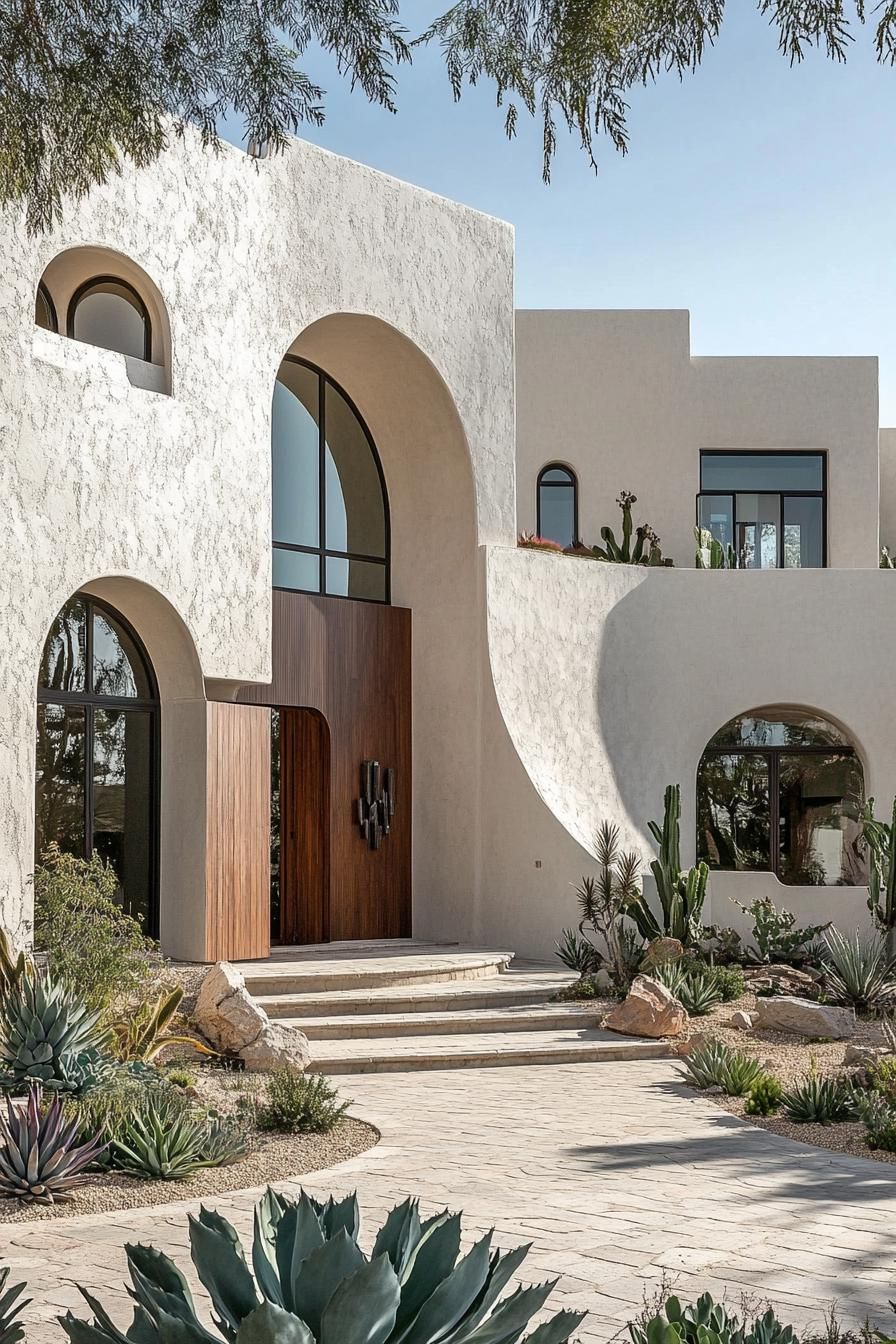 Modern villa with arched windows and succulent landscaping