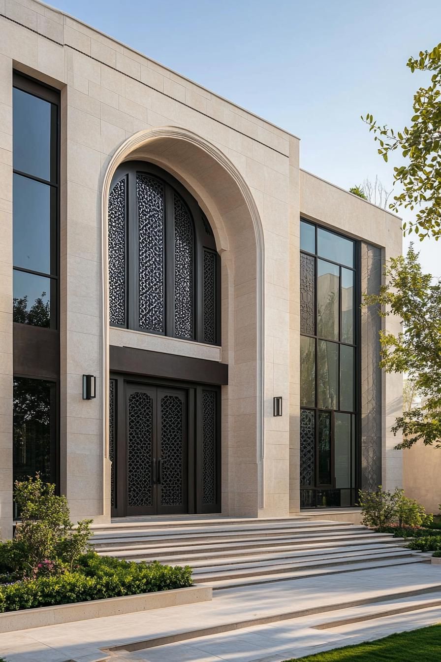 Contemporary house with large arched doorway and sleek windows