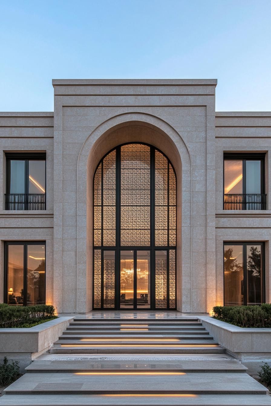 Grand entrance with arched window illuminated from inside