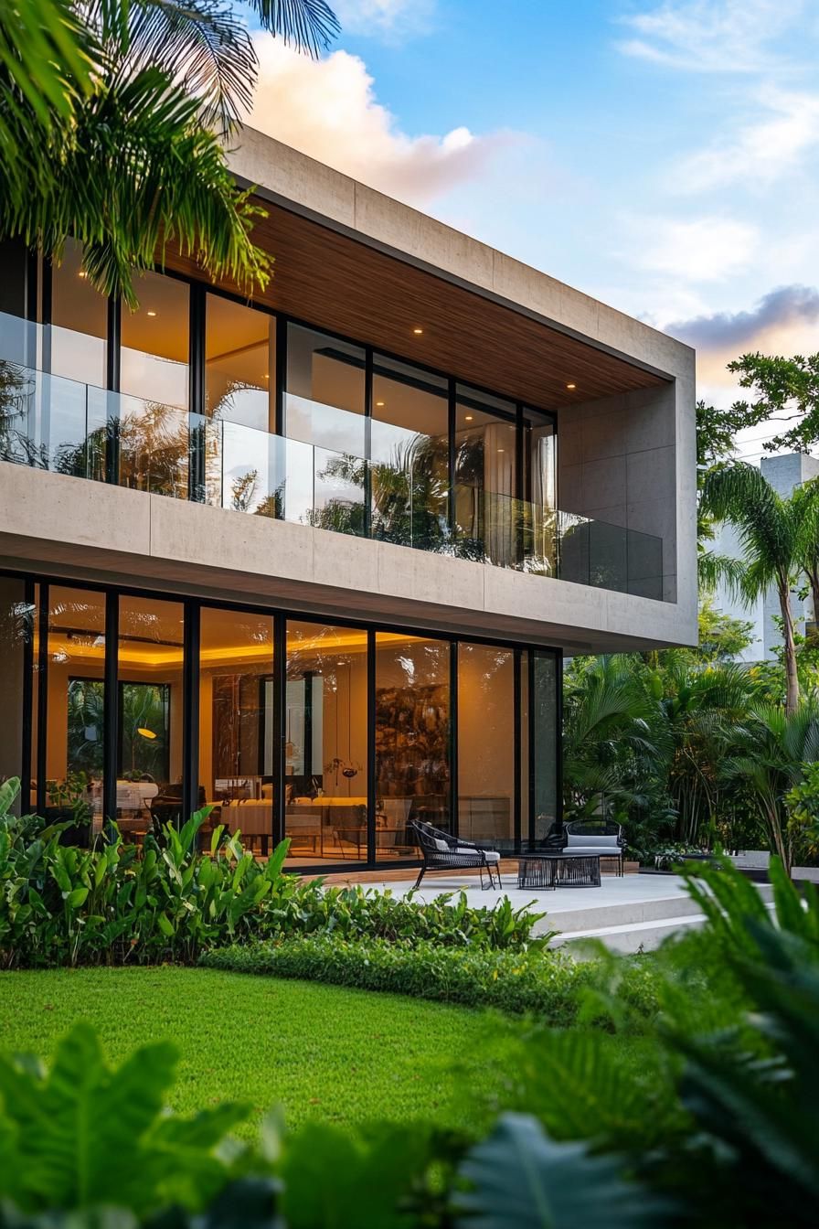 Modern tropical house with large glass windows surrounded by lush greenery