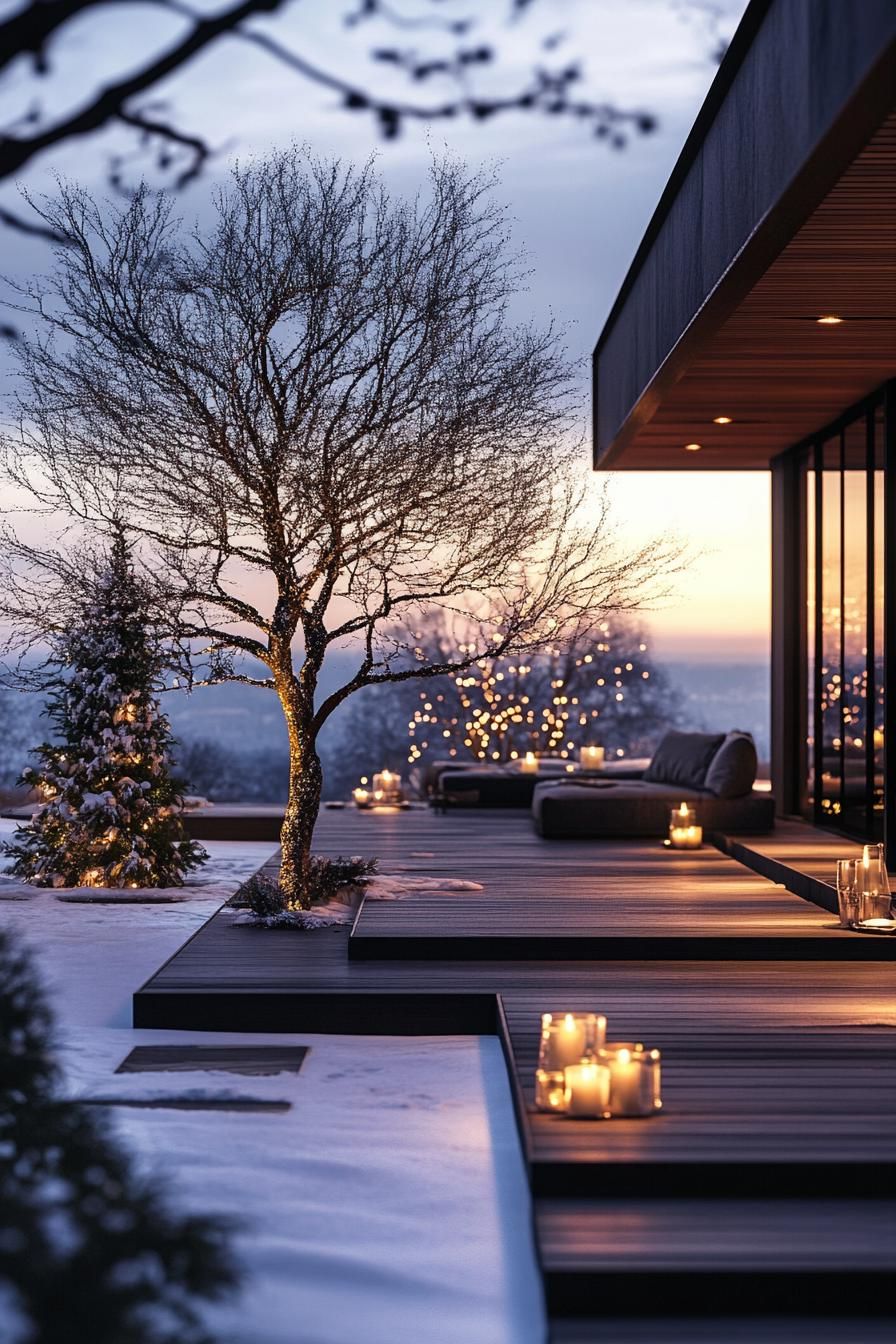 modern inner courtyard in winter with candle lights on decks small tree with snow winter wonderland aesthetic dusk scene