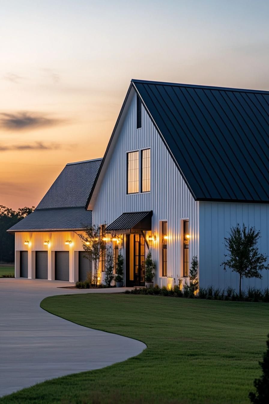 full view of large white shouse barndominium with black roof one side has modern windows and doors the other side has large garage doors wall