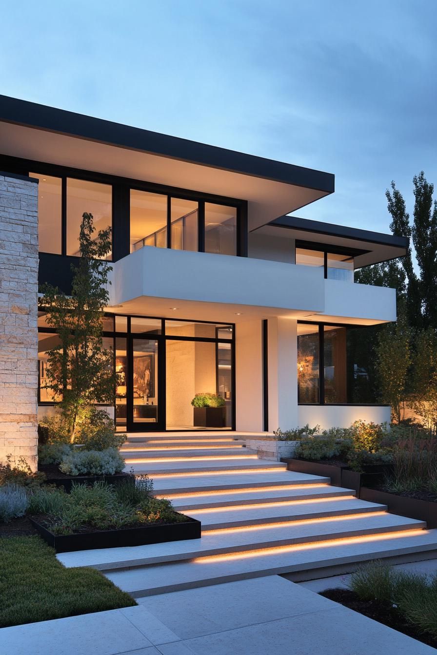 Modern house with expansive glass windows and illuminated steps