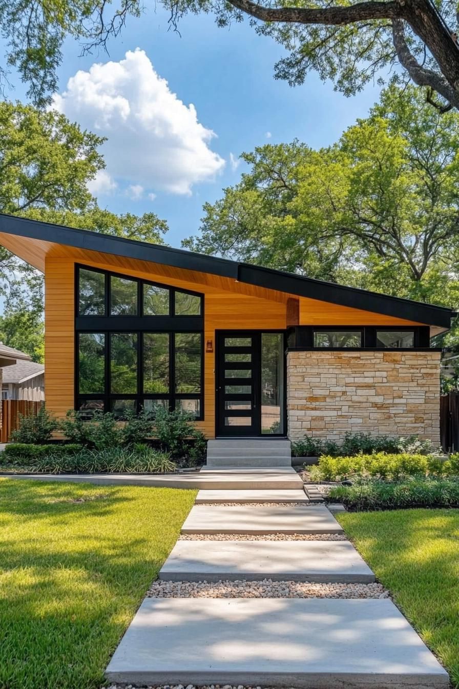 Modern bungalow with stone and wood elements, surrounded by trees