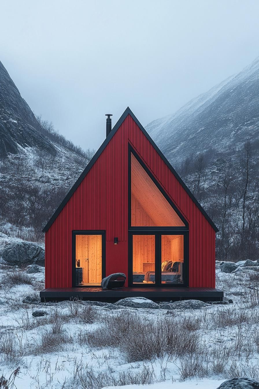 A-frame cabin with bright red facade in a snowy valley