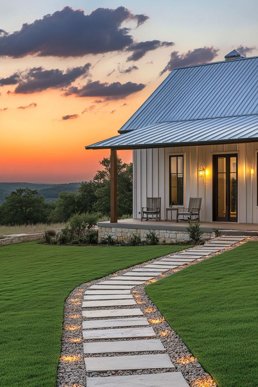 Barndominium with a sunset view, lush lawn, and cozy porch