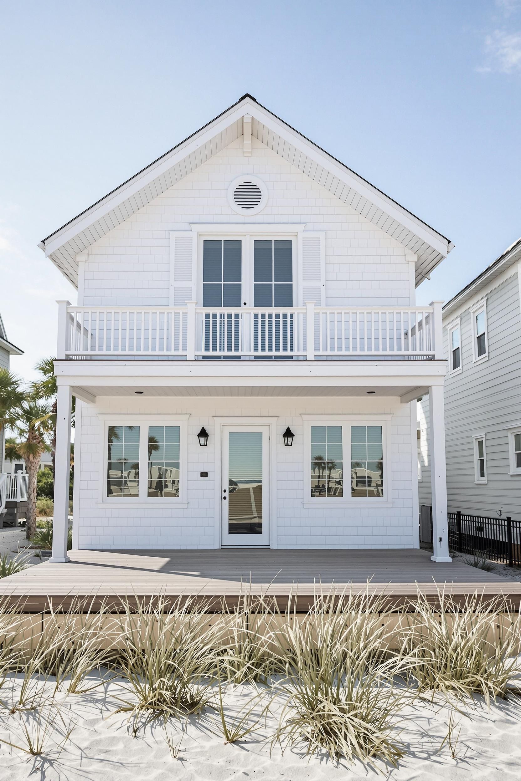 White beach house with a porch and balcony