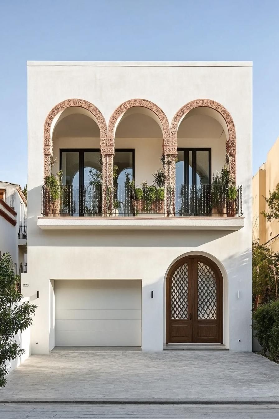 minimalist small white concrete house facade with a row of narrow arches covering balcony and windows under the balcony there is a column of small 4