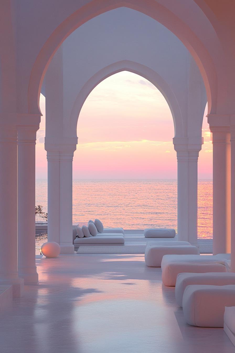 dreamscape lounge area with tall white arches and columns sea view through arches the setting sun gives a pink glow on the scene 1