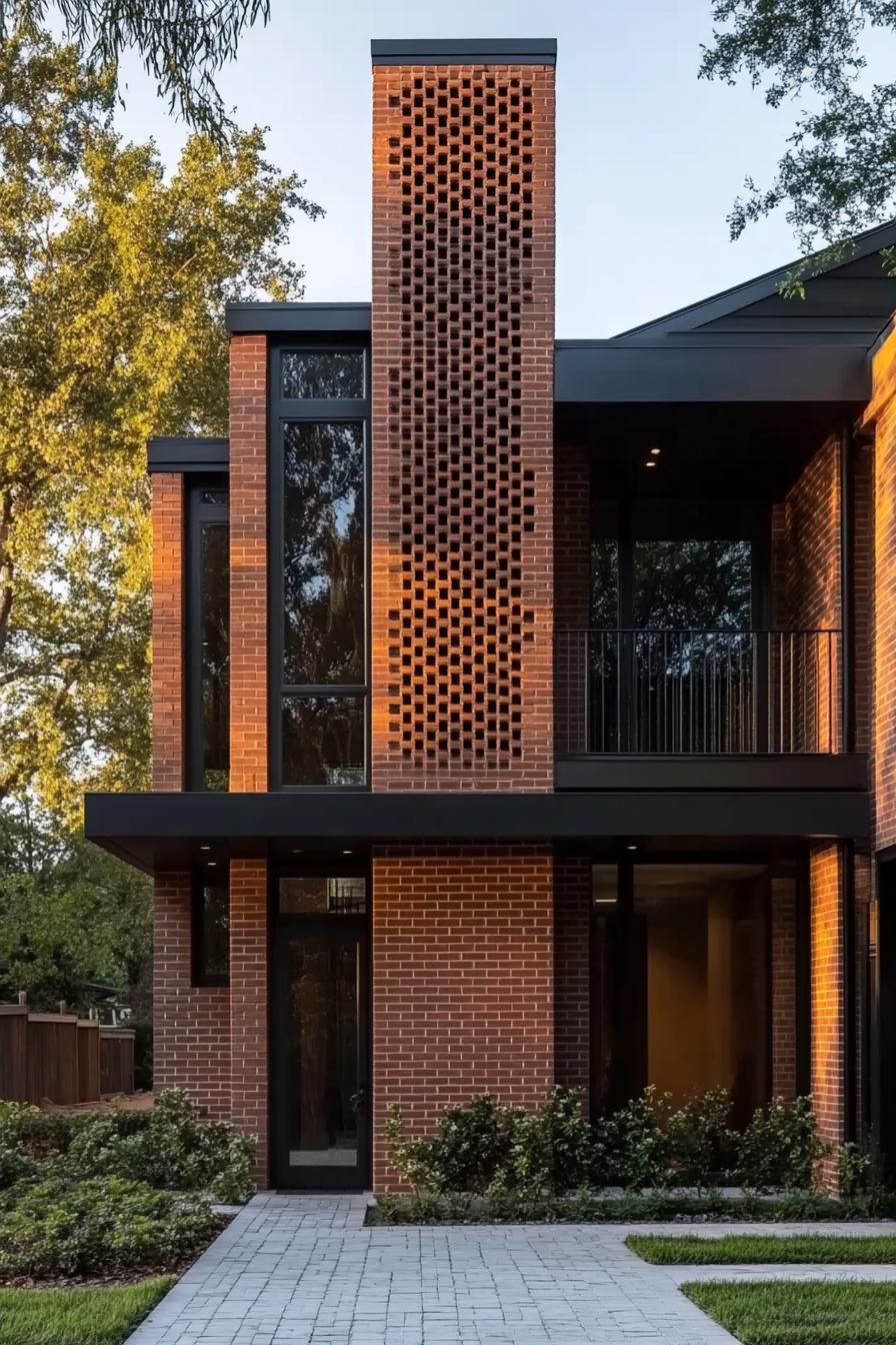 Modern brick house with large windows and a perforated facade