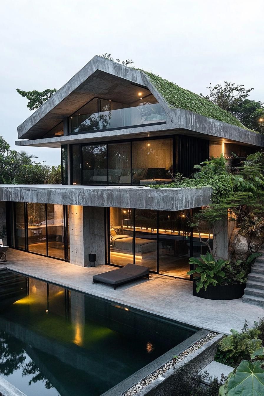 Concrete villa with lush green roof by a poolside