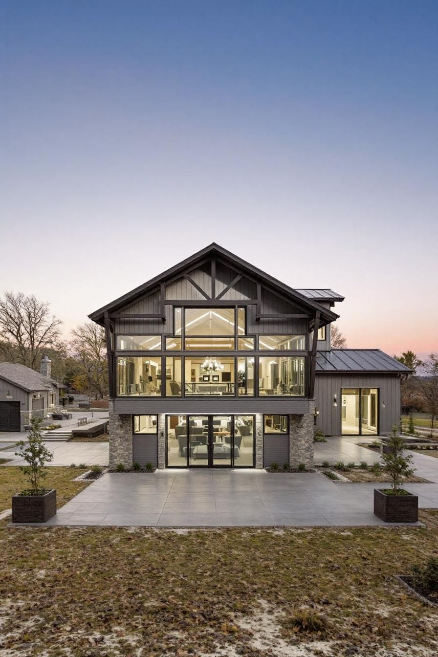 Modern barn home with large glass windows