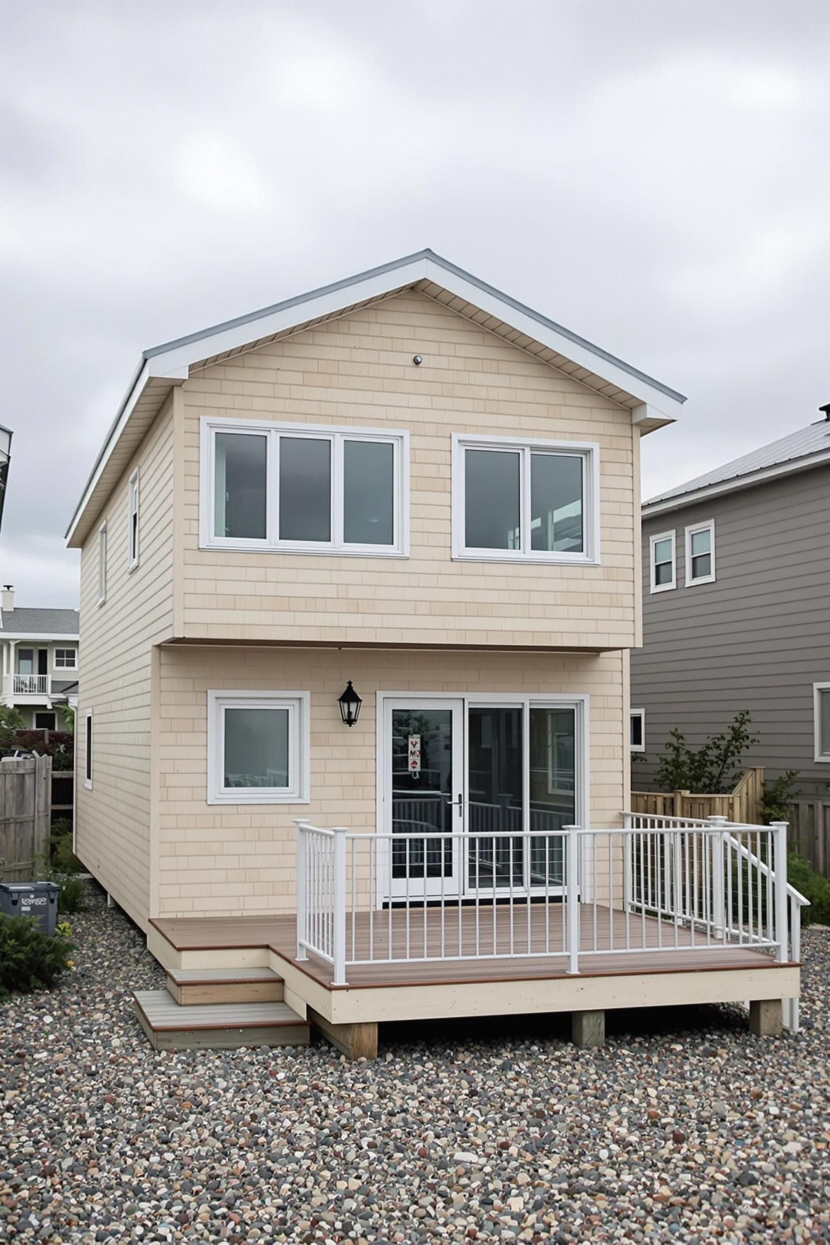 Small beige beach house with a front deck