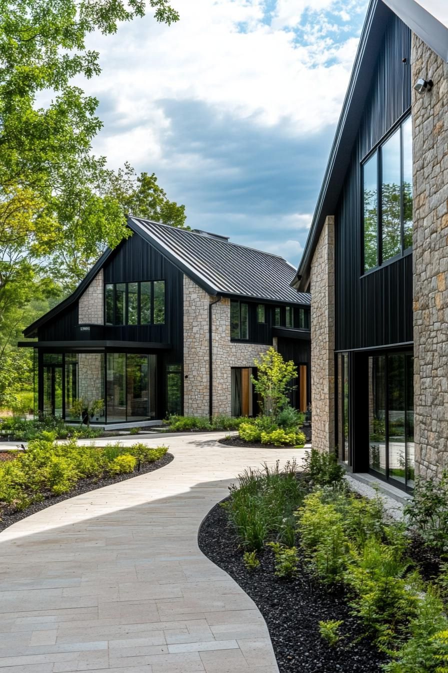 Modern stone barn with sleek black accents